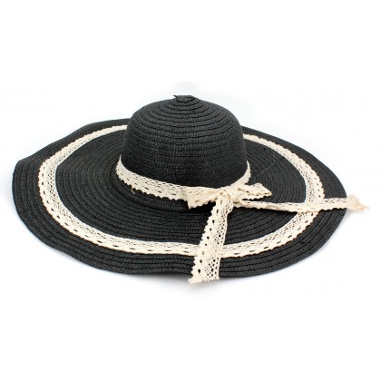 Hats – 12 PCS Wide Brim Hat -Straw Hat- Paper Straw Hat w/ Lace Band - Black - HT-ST1151BK